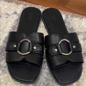 NEW Chic Black Slide Sandals with Gold Buckle